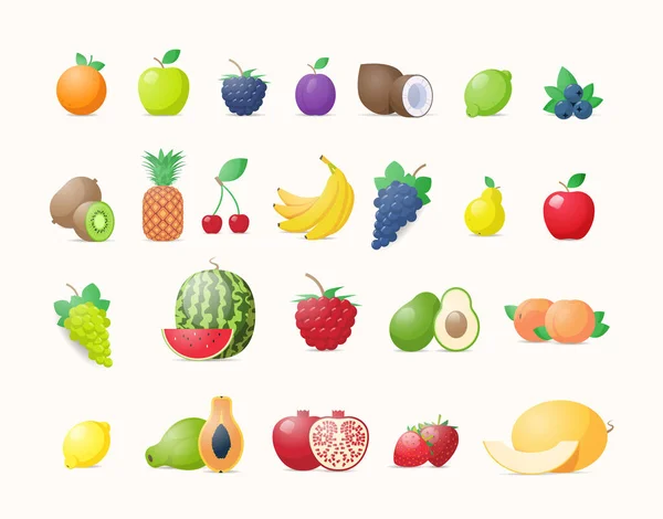 Meg a különböző friss lédús gyümölcsök gyűjtemény egészséges természetes élelmiszer koncepció vízszintes — Stock Vector