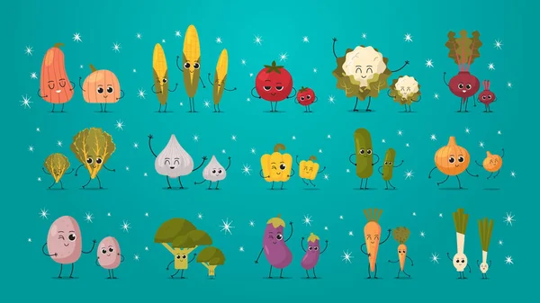 かわいいマスコット野菜キャラクター面白い漫画のキャラクターコレクション健康的な食品コンセプト水平方向 — ストックベクタ