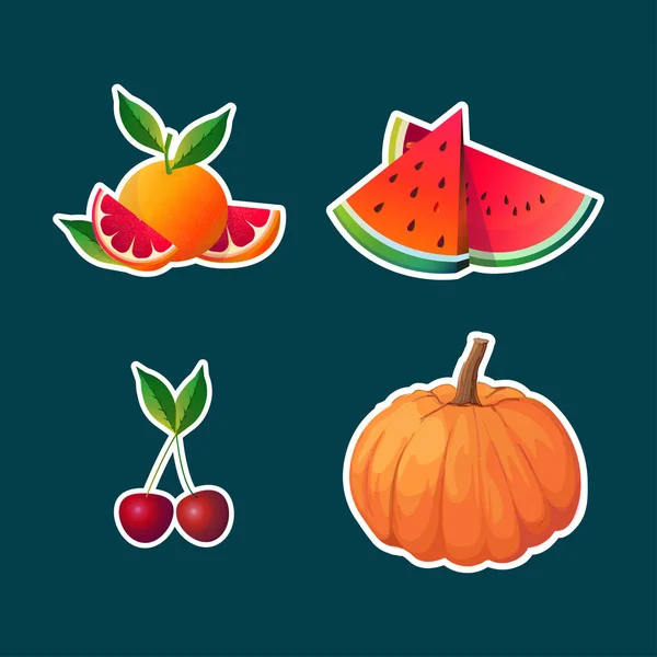 Készlet grapefruit vízmellon cseresznye tök gyümölcs és zöldség gyűjtemény egészséges természetes élelmiszer koncepció — Stock Vector