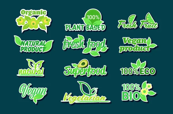 Conjunto de plantas à base de produtos naturais adesivos orgânicos saudáveis mercado vegan logotipos alimentos frescos emblemas emblemas coleção horizontal plana — Vetor de Stock