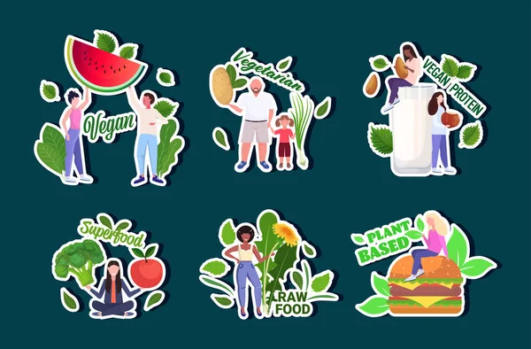 Készlet emberek gazdaság különböző zöldségek és gyümölcsök egészséges életmód vegán friss nyers élelmiszer vegetáriánus koncepció teljes hossz vízszintes — Stock Vector