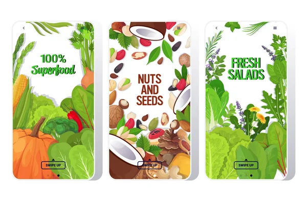 Set verse salades bladeren groenten noten en zaden mix gezonde voeding vegetarisch voedsel concept smartphone schermen collectie mobiele app horizontaal — Stockvector