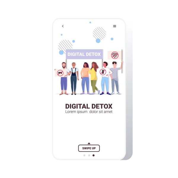 Activisten met posters met gadgets in rood verbodsbord digitaal detox concept — Stockvector