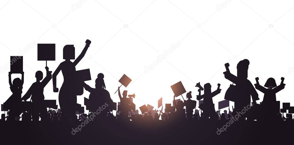 silhouette of people crowd protesters holding protest posters men women with blank vote placards demonstration speech political freedom concept horizontal portrait