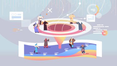 Arap iş adamları müşteriler veya çalışanlar huni İnternet pazarlama kavramı yatay