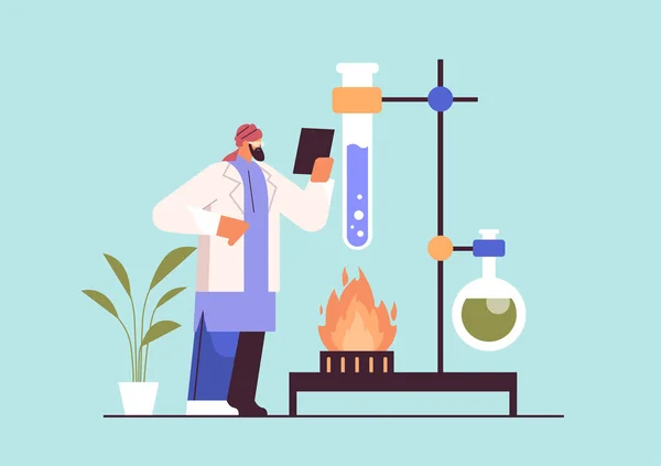 Cientista de pesquisa árabe que trabalha com pesquisador de tubo de ensaio fazendo experimento químico em laboratório —  Vetores de Stock