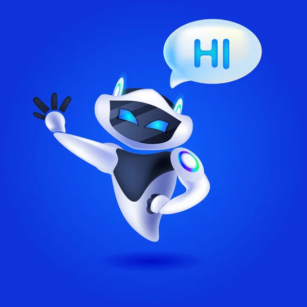 Ładny robot cyborg z hi mowa czat bańka komunikacja chatbot obsługa klienta sztuczna inteligencja technologia — Wektor stockowy