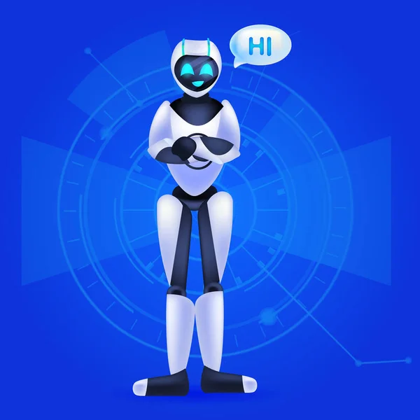 Robô cyborg com oi fala bate-papo bolha comunicação chatbot serviço ao cliente inteligência artificial —  Vetores de Stock