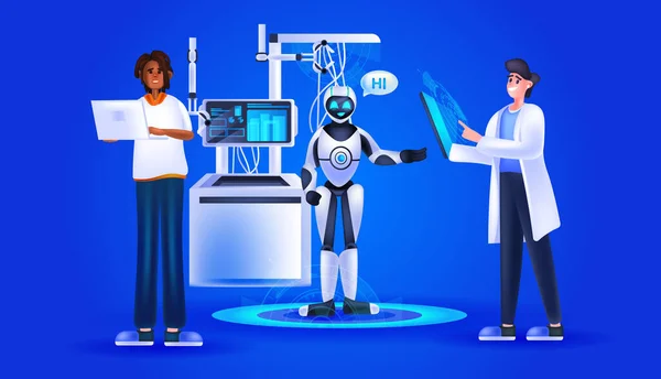 Badacze kontrolujący cute robot cyborg z hi mowy sztucznej inteligencji koncepcji technologii — Wektor stockowy