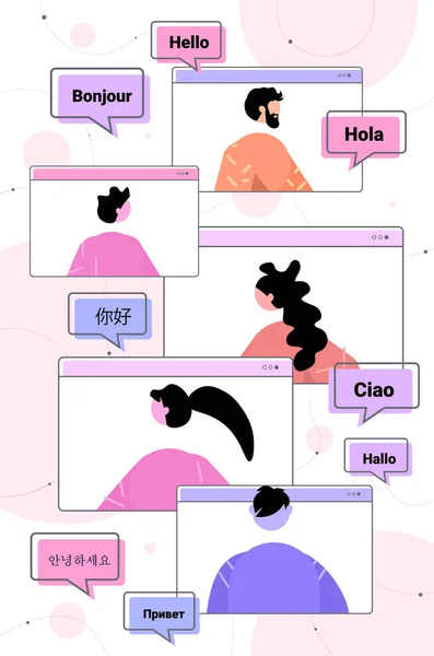 Ihmiset käyttävät mobiili käännös sovellus monikielinen tervehdys kansainvälinen online-viestintä tekijänoikeusvapaita kuvituskuvia
