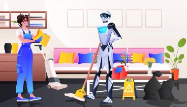 Kadın temizlikçi robotla robot hademe birlikte çalışarak temizlik hizmeti suni zeka teknolojisine karşı