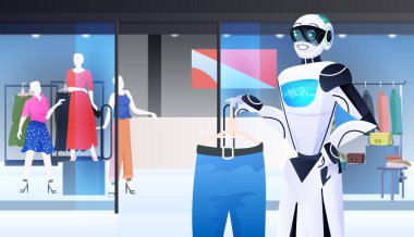 Satıcı robot moda butik yapay zeka teknolojisi konseptinde kıyafet gösteriyor.