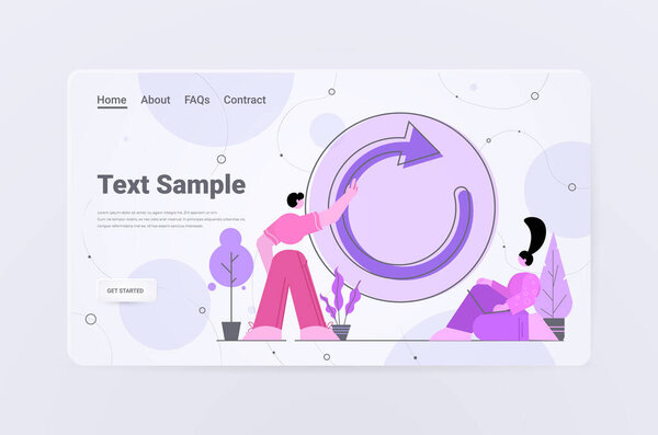 businesspeople near reload sign restart project rework business strategy refresh concept