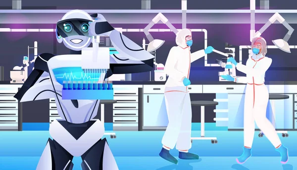Robot con científicos en trajes de protección haciendo experimentos en ingeniería genética de laboratorio concepto de inteligencia artificial — Vector de stock