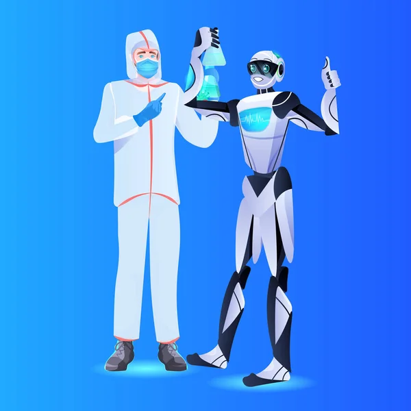 Ρομπότ γιατρός με επιστήμονας σε προστατευτική στολή στέκεται μαζί έννοια τεχνητή νοημοσύνη — Διανυσματικό Αρχείο
