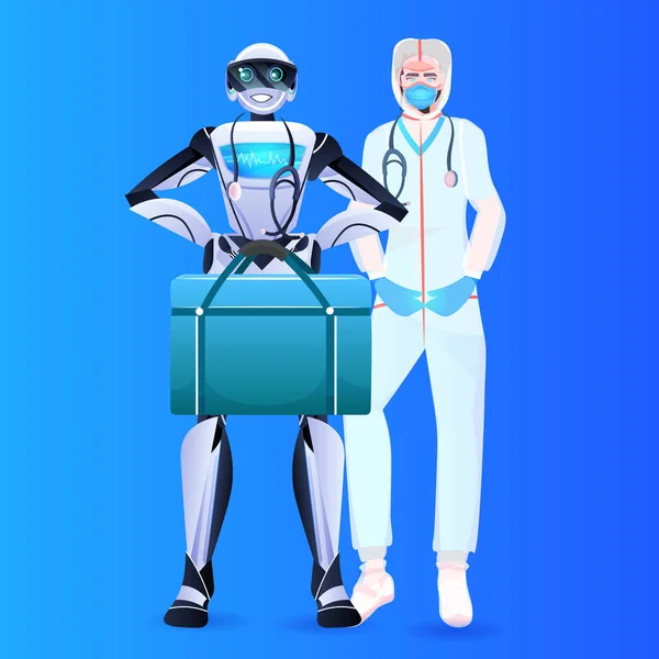 Robot doctor with scientist in protective suit standing together artificial intelligence concept — Stock Vector