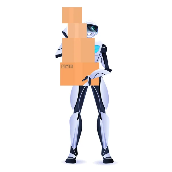 Modern robot courier robotic deliver holding cardboard boxes delivery service artificial intelligence concept — Stock Vector