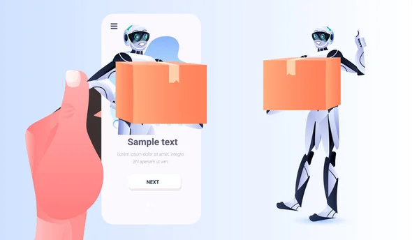 Correios robóticos modernos segurando caixas de papelão serviço de entrega conceito de inteligência artificial —  Vetores de Stock