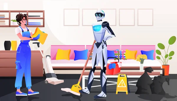 Conserje robótico con robot limpiador mujer vs humano trabajando juntos servicio de limpieza tecnología de inteligencia artificial — Vector de stock