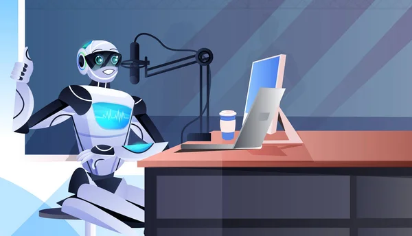 Roboter-Podcast im Gespräch mit Mikrofon-Aufnahme-Podcast im Studio-Podcasting Online-Radio Künstliche Intelligenz — Stockvektor