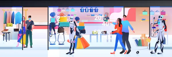 Pessoas em máscaras e robô com carrinho de carrinho andando com compras tecnologia de inteligência artificial —  Vetores de Stock