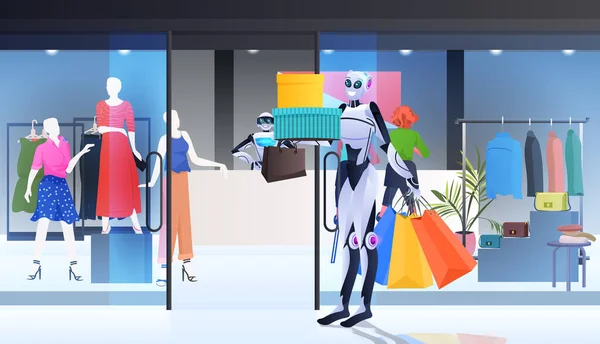 Tramvay arabalı robot, alışveriş merkezinin içini yapay zeka teknolojisiyle dolduruyor. — Stok Vektör