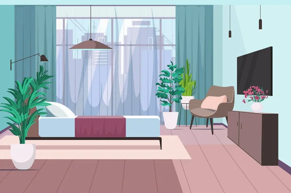 Interior kamar tidur modern kosong tidak ada orang ruang rumah dengan furniture horisontal - Stok Vektor