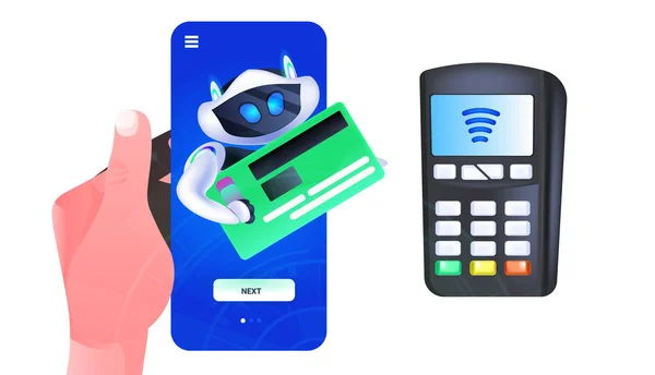 Sevimli robot cyborg ödeme terminalinin yanında kredi kartı tutuyor, yapay zeka teknolojisi kavramı. — Stok Vektör