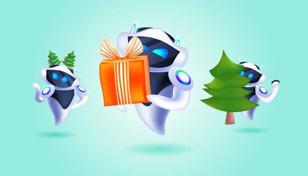 Robots con caja de regalo en abeto sombrero festivo personajes robóticos celebrando vacaciones de invierno tecnología de inteligencia artificial — Vector de stock