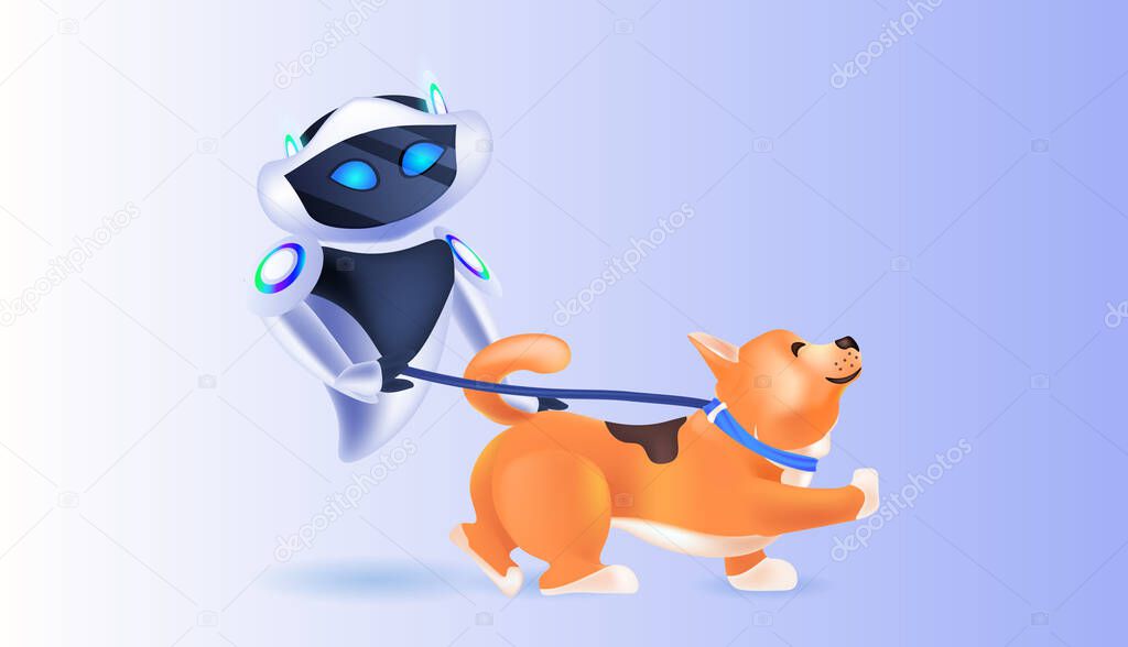 modern robot walking with dog artificial intelligence technology concept