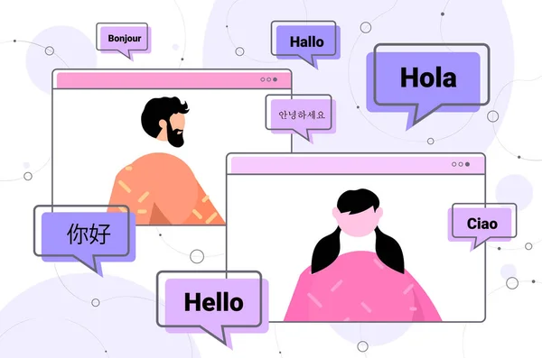 Lidé pomocí překladatelské aplikace vícejazyčné pozdravy mezinárodní on-line komunikace — Stockový vektor