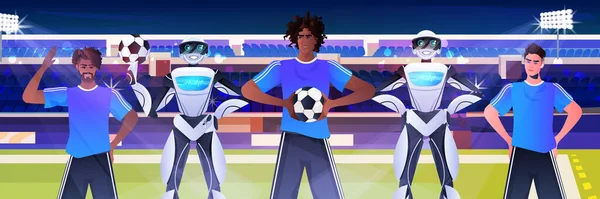 Mieszaj wyścig mężczyzn i robotów piłkarzy z piłką nożną stojących na stadionie technologii sztucznej inteligencji — Wektor stockowy