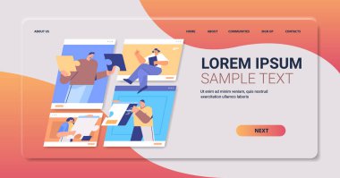 İnternet tarayıcı pencerelerindeki iş adamları iş adamlarının çevrimiçi iletişimi sırasında tartışıyorlar
