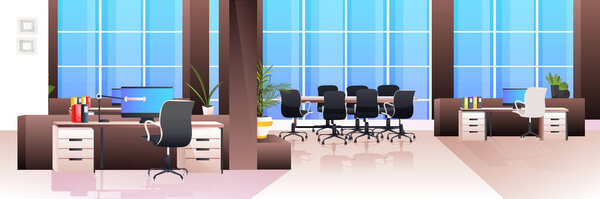 Moderno interior de la oficina vacío ninguna gente gabinete habitación con muebles horizontales — Vector de stock