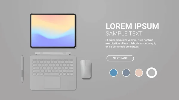 Tableta moderna con el teclado de la pluma del ratón y la pantalla de colores artilugios de maqueta realistas y dispositivos — Vector de stock
