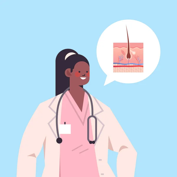 Vrouwelijke arts en chat zeepbel met doorsnede van de menselijke huid gezondheidszorg concept — Stockvector