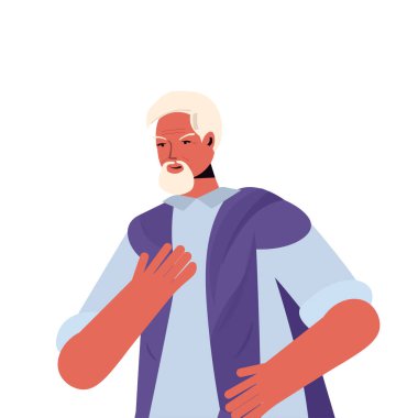 Son sınıf erkek çizgi film karakteri, gri saçlı dede portresi.