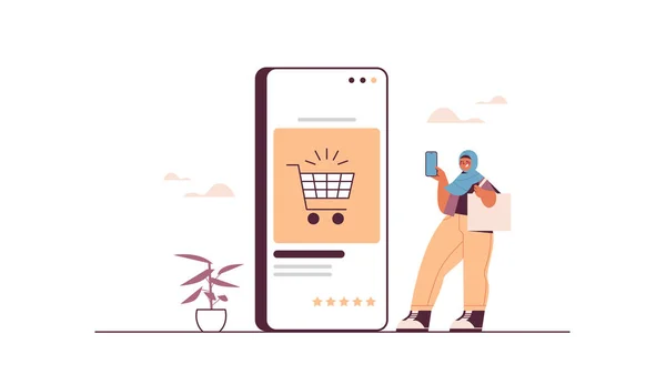 Mulher árabe usando smartphone comprando coisas na loja on-line consumismo venda on-line comércio eletrônico —  Vetores de Stock