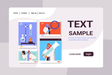 İnternet tarayıcı pencerelerinde test tüpleriyle çalışan Arap araştırmacılar laboratuvarda kimyasal deneyler yapan bilim adamları