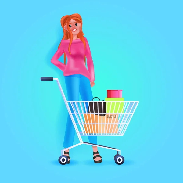 Frau mit Einkaufswagen voller bunter Einkäufe saisonal einkaufen Sonderangebot Rabattkonzept — Stockvektor