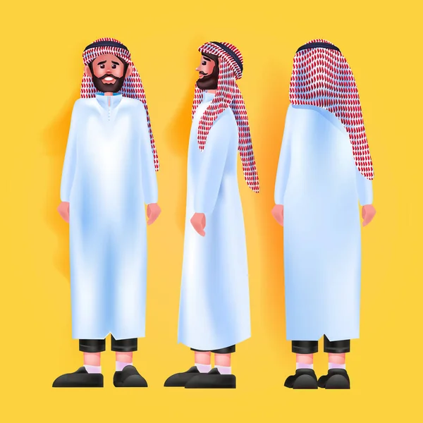 Ensemble homme arabe en vêtements traditionnels personnage de dessin animé masculin debout pose angles différents vue pleine longueur — Image vectorielle