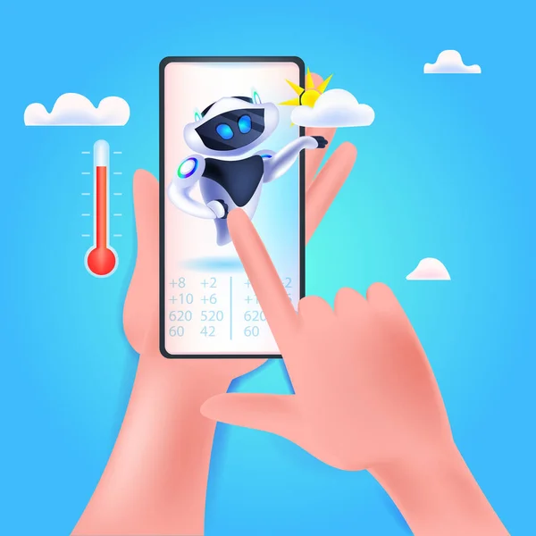 Robot moderno con el sol y los iconos de la nube en la pantalla del teléfono inteligente tecnología de inteligencia artificial pronóstico del tiempo — Vector de stock