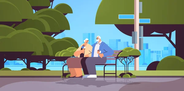 Ηλικιωμένο ζευγάρι κάθεται στον πάγκο και τρώει παγωτό ευτυχισμένη παππούδες που περνούν χρόνο μαζί στο πάρκο — Διανυσματικό Αρχείο