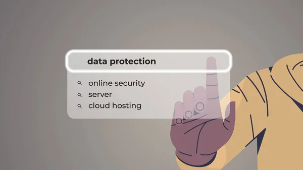 Menschliche Hand, die den Datenschutz in der Suchleiste auf virtuellem Bildschirm auswählt — Stockvektor