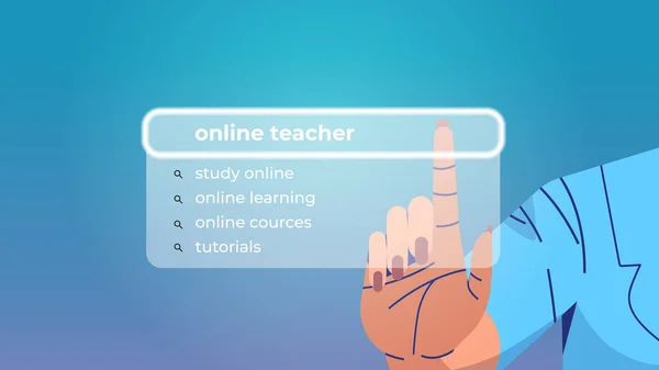 Mão humana escolhendo professor on-line na barra de pesquisa em tela virtual conceito de rede de internet — Vetor de Stock