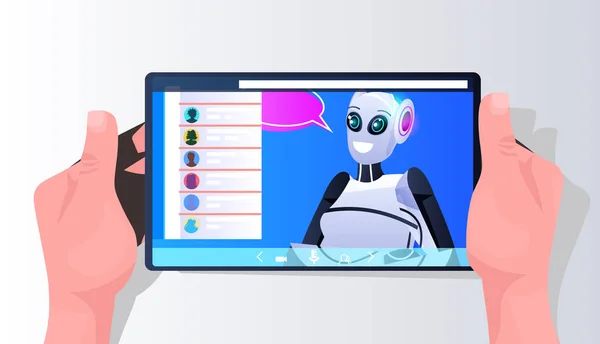 Robô cyborg com bolha de chat na tela do smartphone comunicação on-line tecnologia de inteligência artificial — Vetor de Stock