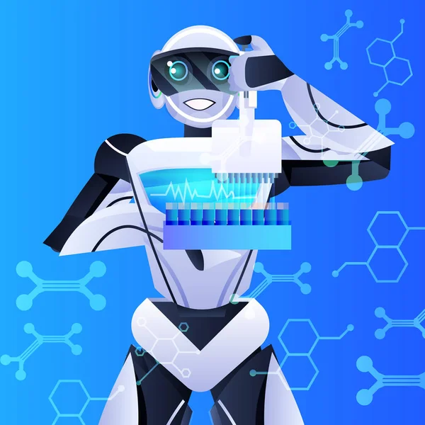 Robot drží zkumavky s kapalnými roboty chemik dělat experimenty v laboratoři genetické inženýrství umělé inteligence — Stockový vektor