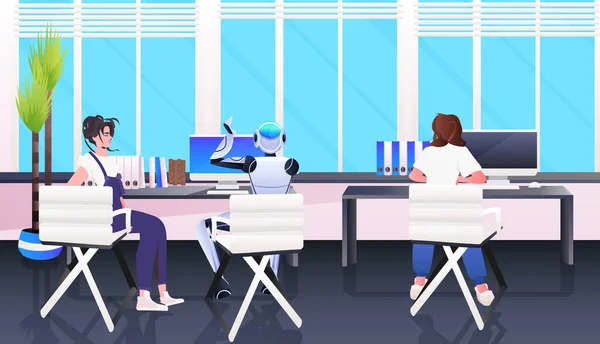 Biznesmeni i roboty pracujące razem w kreatywnej otwartej przestrzeni koncepcja sztucznej inteligencji zespołowej — Wektor stockowy