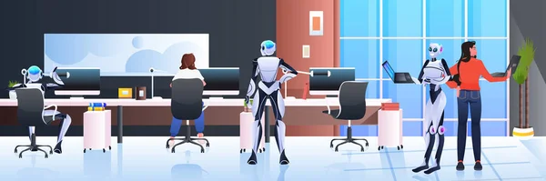 Imprenditori e robot che lavorano insieme nel concetto creativo di lavoro di squadra di intelligenza artificiale open space — Vettoriale Stock