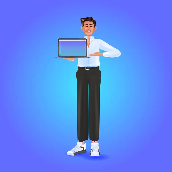 Biznesmen za pomocą laptopa męski postać z kreskówek z notebooka social media koncepcja sieci — Wektor stockowy
